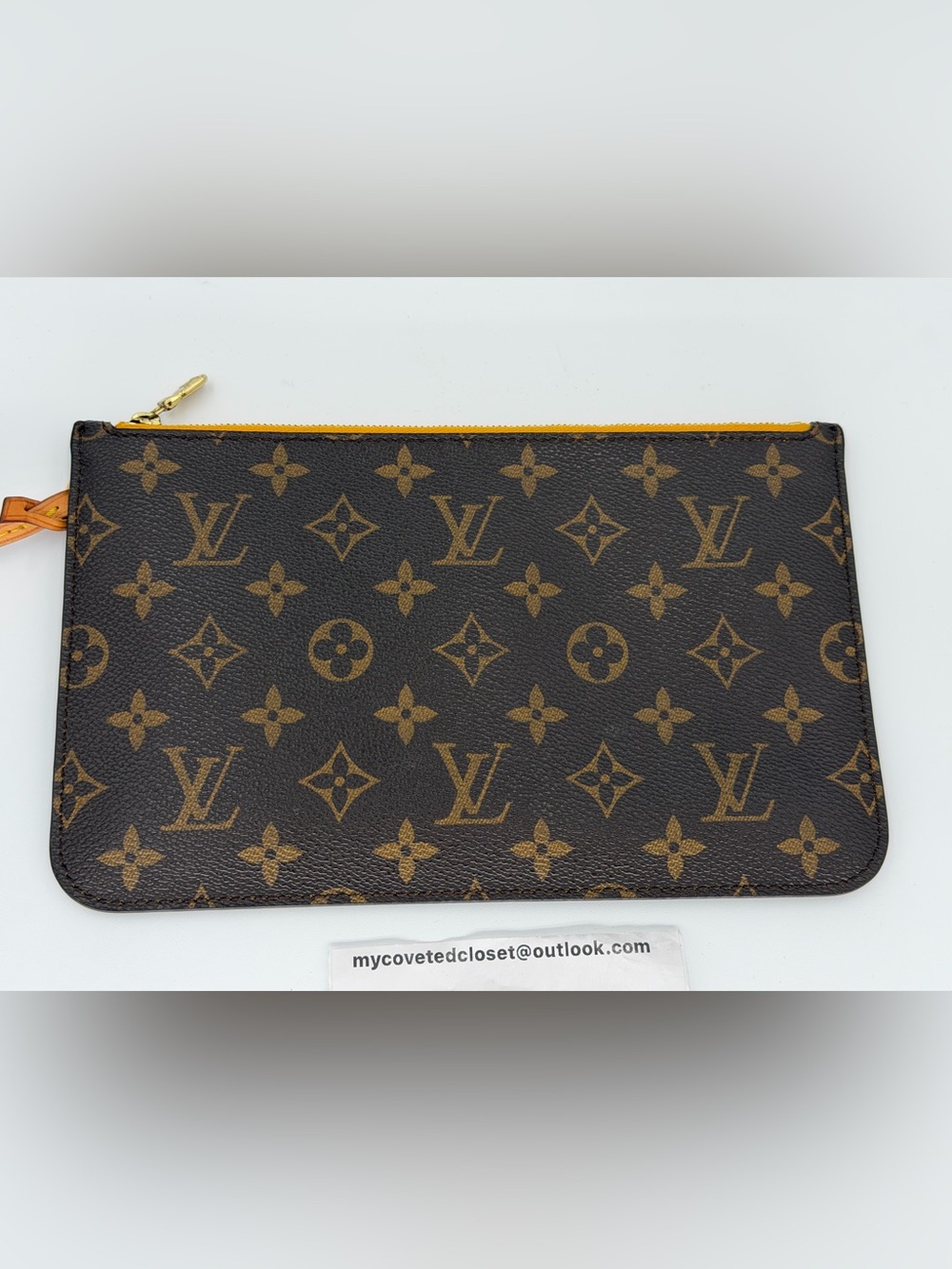 LV Monogram Neverfull Pouch with Rare Yellow Interior w/Dust Bag and Entrupy COA - Picture 7 of 16